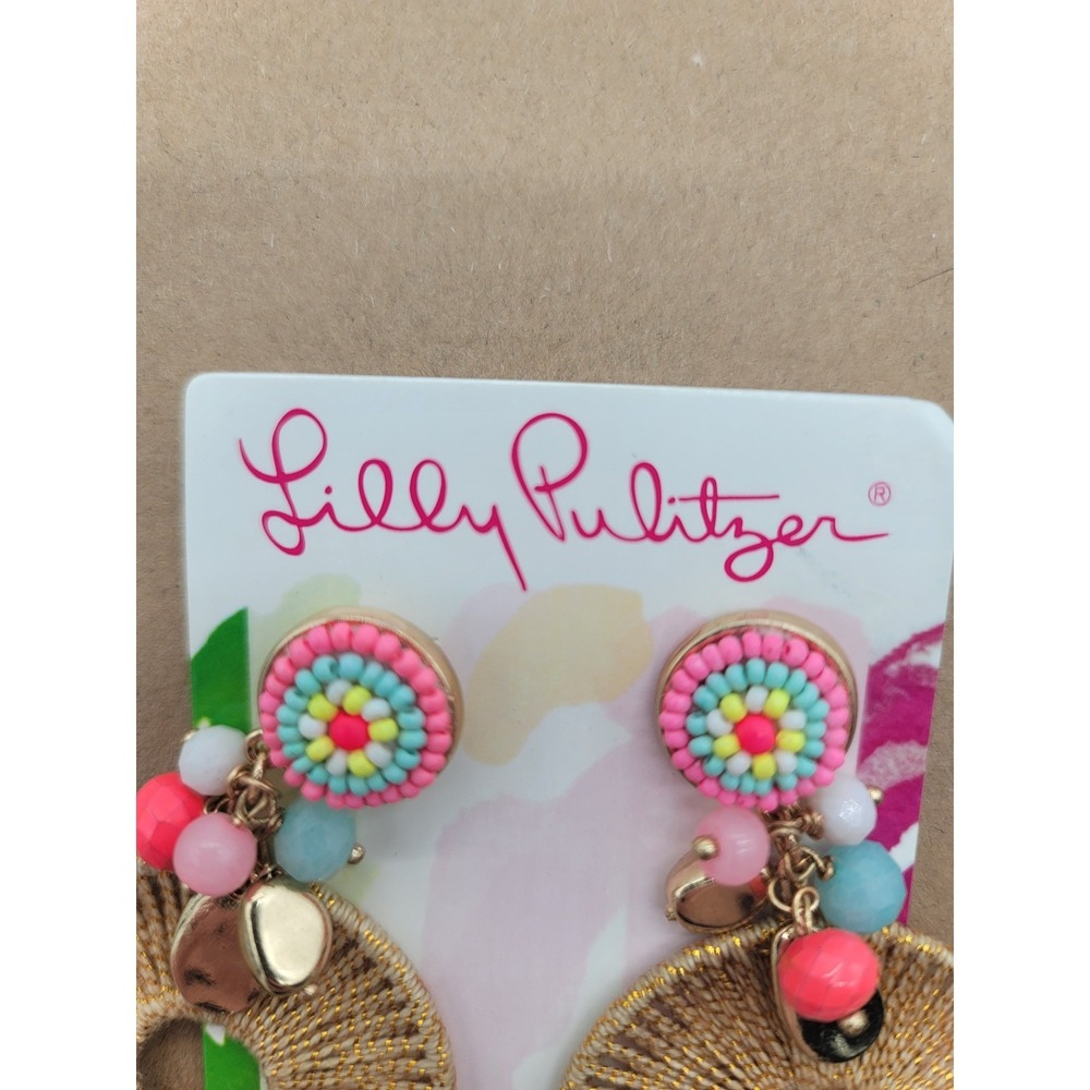 Lilly Pulitzer Cabana Cocktail Earrings Gold Raffia Beaded Drop NEW - Picture 4 of 5